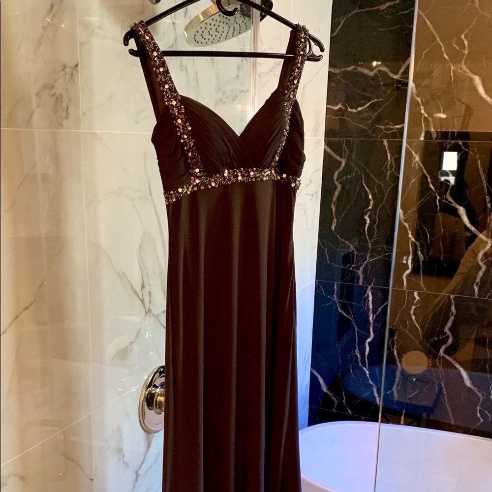 Slate evening gown with rhinestones